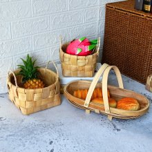 Handmade wooden square double handle bread fruit desktop storage basket flower basket pastoral style flower basket